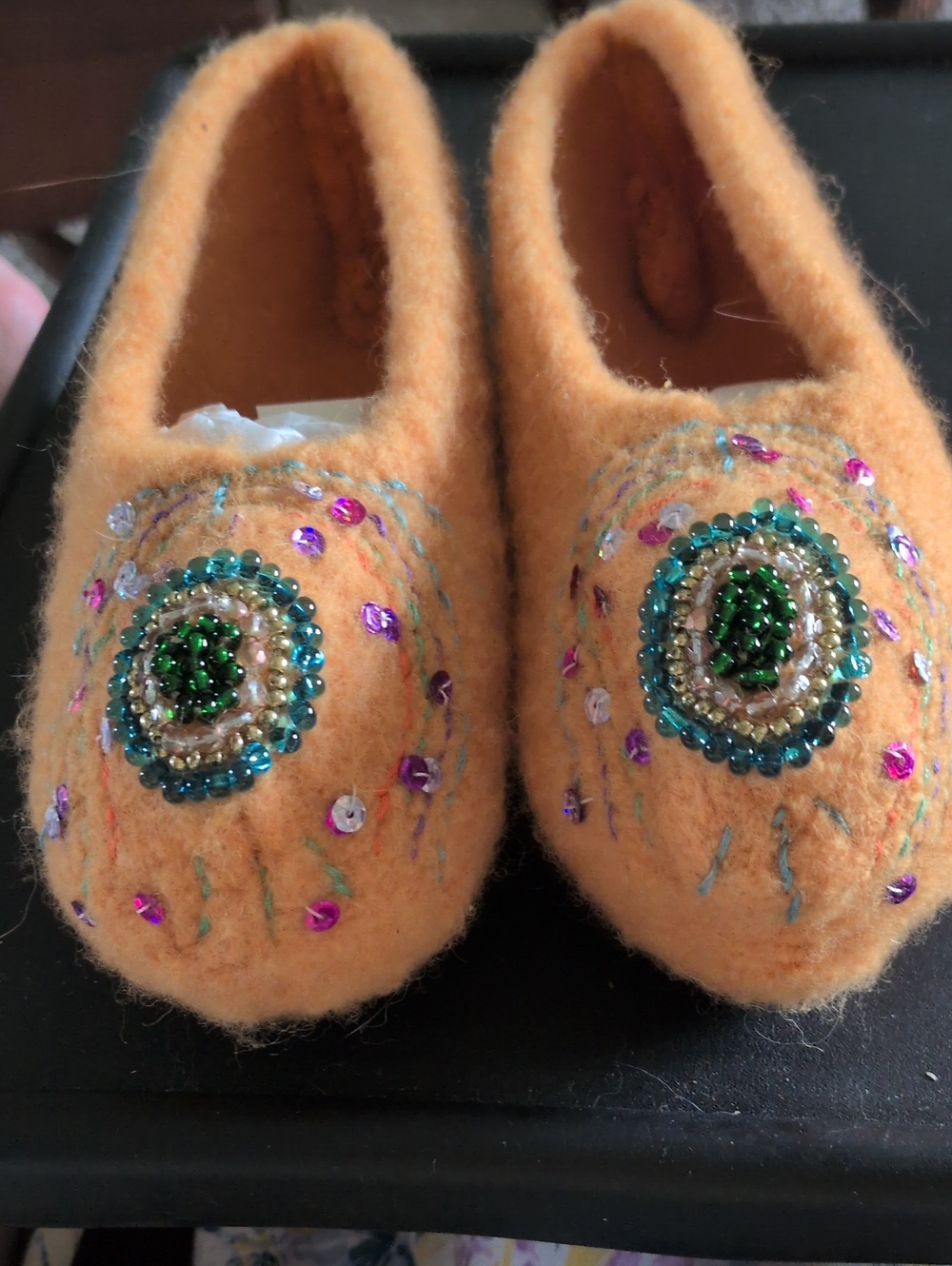 Womens Orange Beaded Felted Slippers